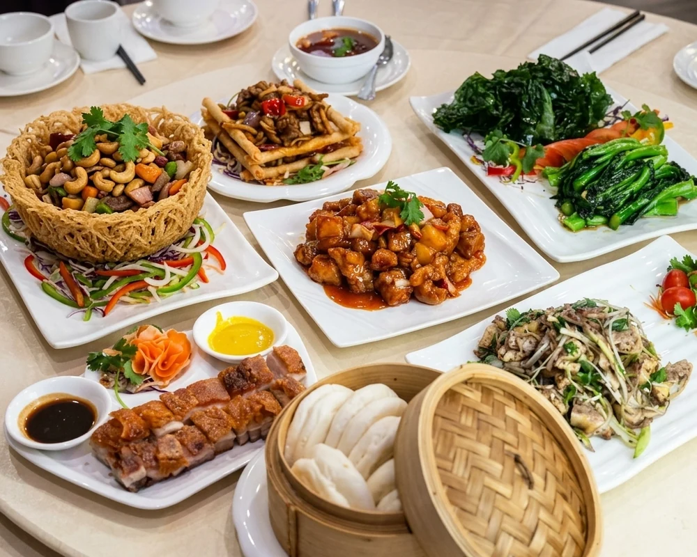 Full banquet table spread of Cantonese dishes at Royal Taste Chinese Cuisine in Calgary, AB