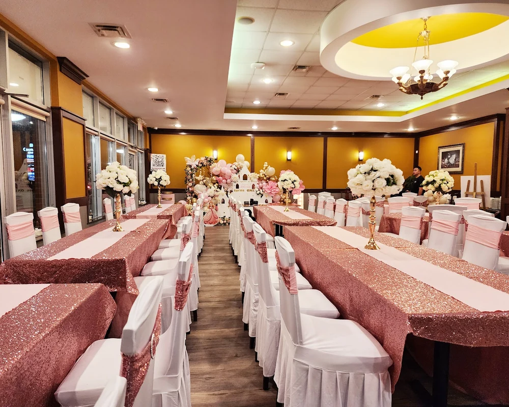 Banquet hall set for a party at Royal Taste Chinese Cuisine in Calgary, AB