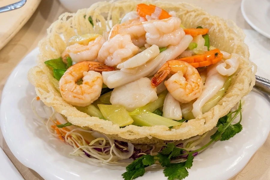 Sauteed Seafood with Vegetable in a Potato Nest at Royal Taste Chinese Cuisine in Calgary, AB